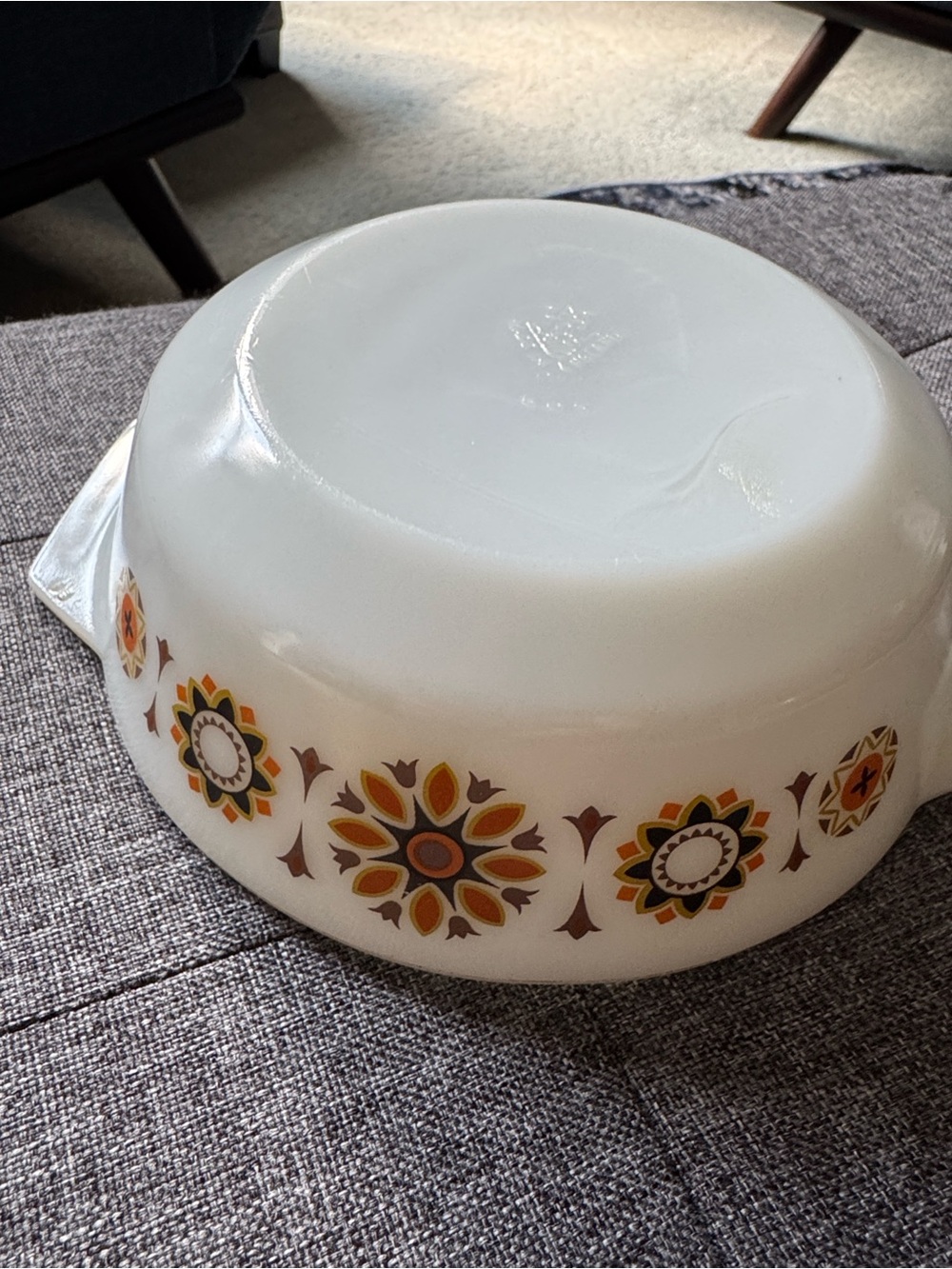 Pyrex JAJ 505 Milk Glass Casserole Dish with Toledo England Orange Brown Yellow